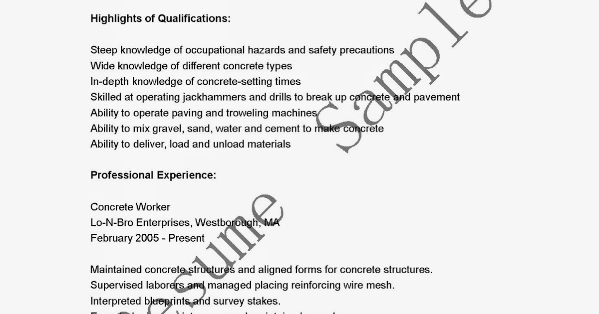 Resume for a concrete laborer